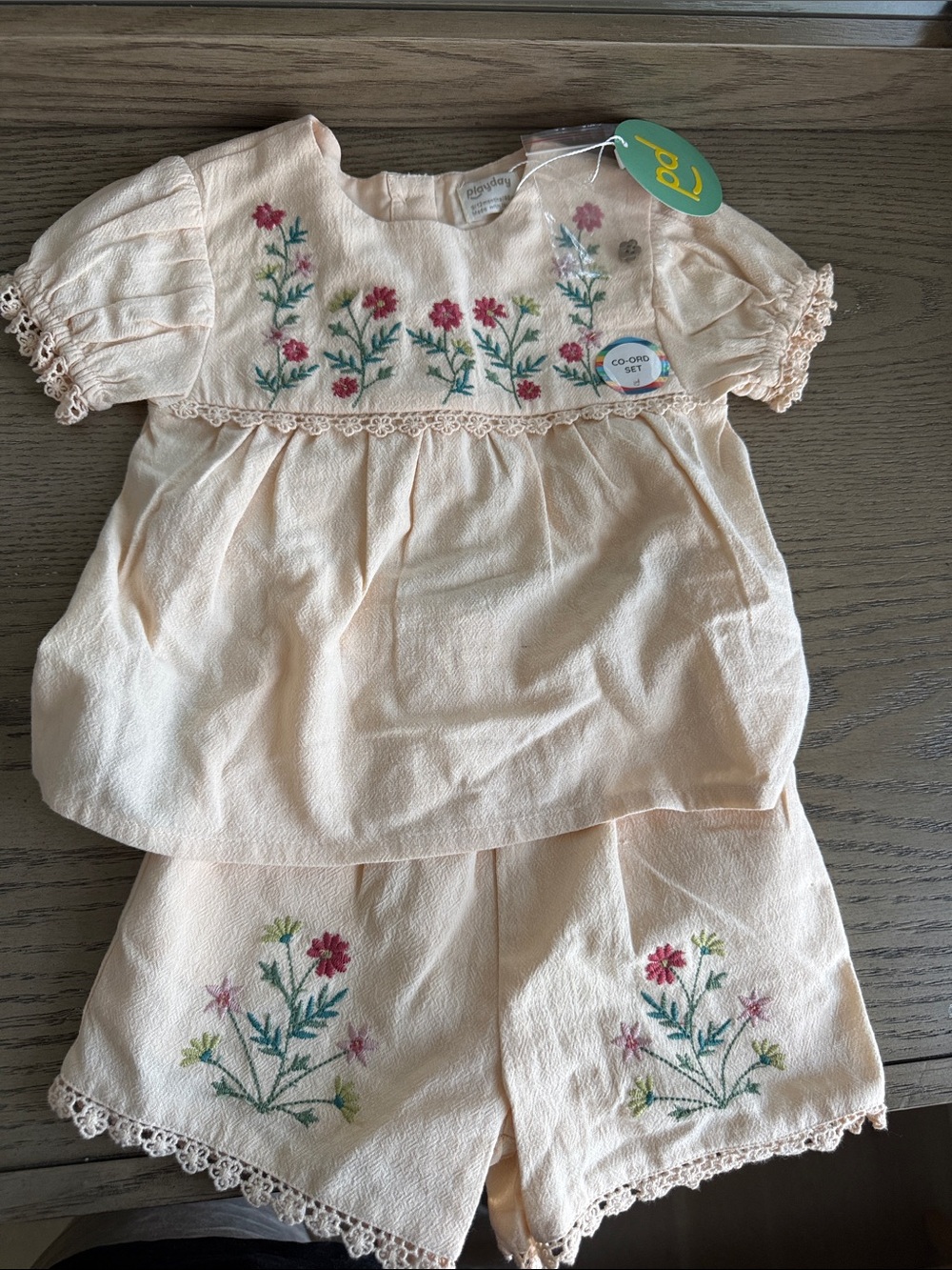 Pea Kids Cream Floral Embroidered Matching Set